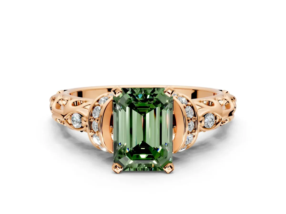 Solitaire Engagement Ring Setting for Fancy Green Emerald Cut Center with Filigree Band and Prong Head in Rose Gold