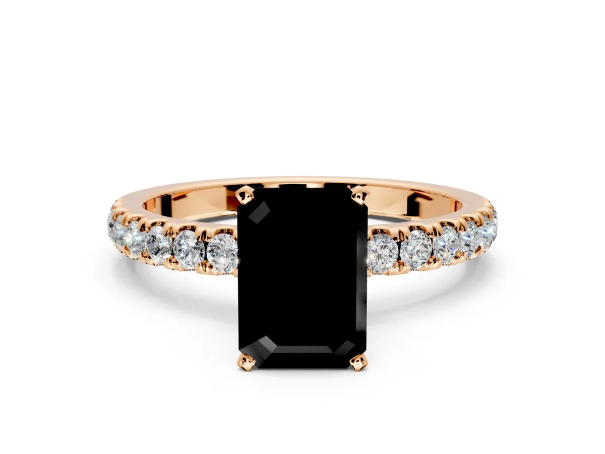 Open Basket Engagement Ring Setting for Fancy Black Emerald Cut Center with Pave Band and Prong Head in Rose Gold