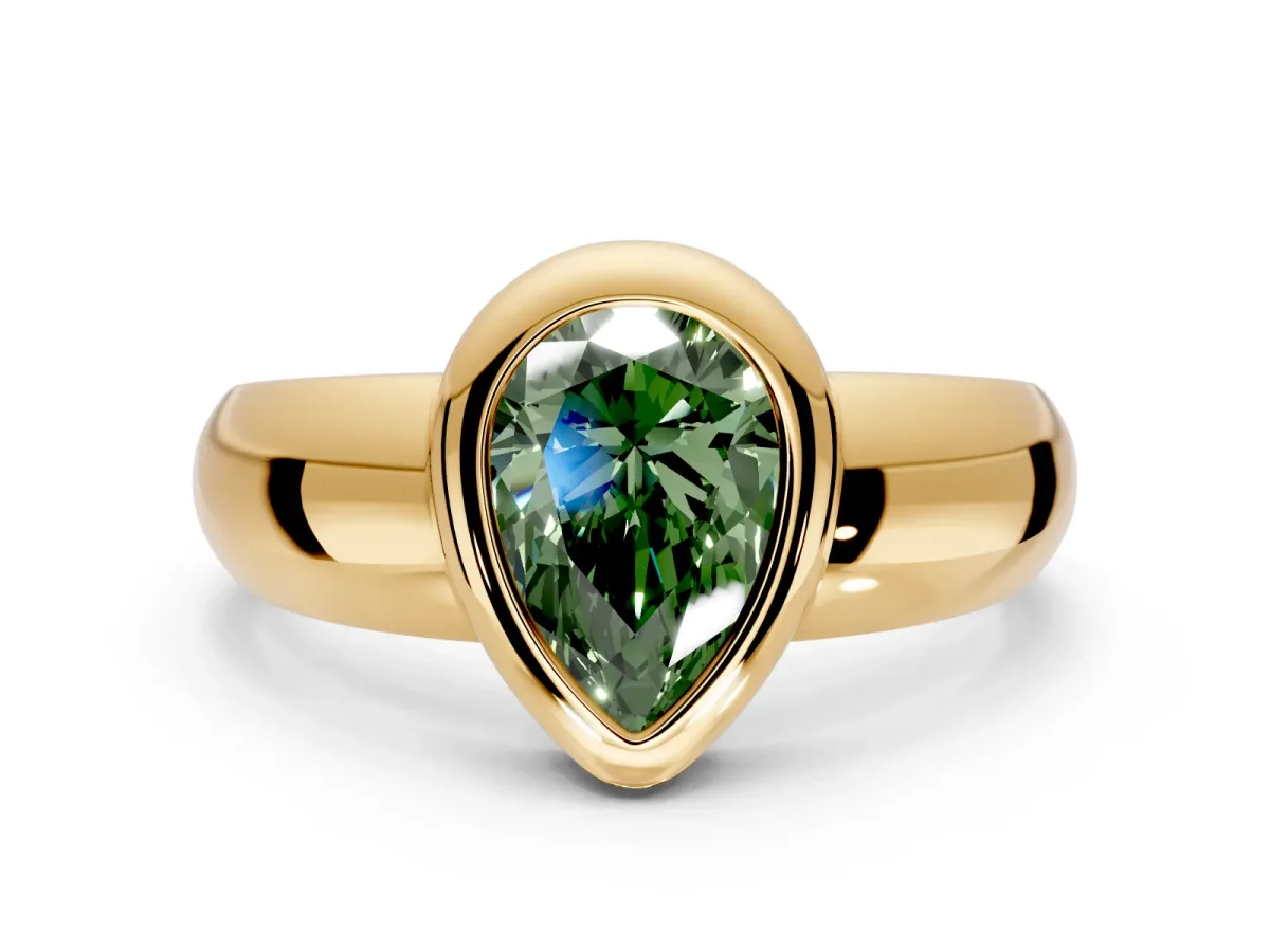 Solitaire Engagement Ring Setting for Fancy Green Pear-Shaped Center with Wide Band and Bezel Head in Yellow Gold