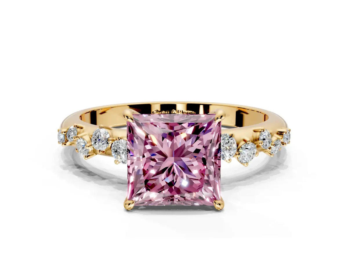 Cluster Engagement Ring Setting for Fancy Pink Princess Cut Center with Round Cut Accent Band and Prong Head in Yellow Gold