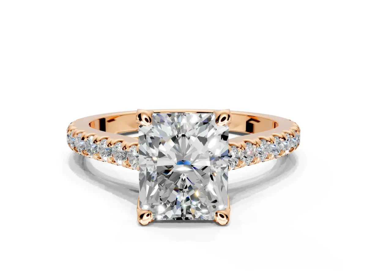 Solitaire Engagement Ring Setting for Radiant Cut Center with Widening Pave Band and Claw Prong Head in Rose Gold