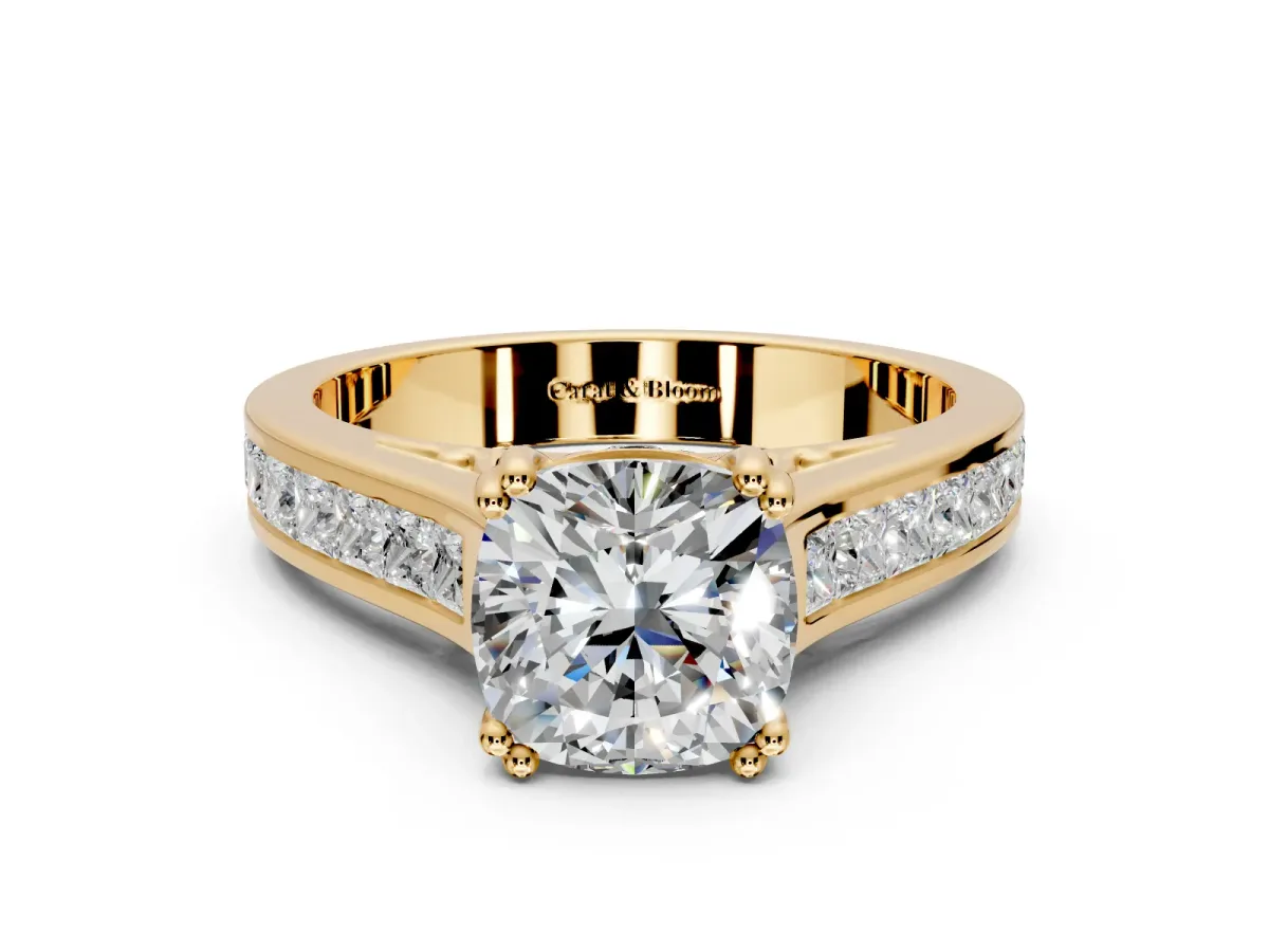 Solitaire Engagement Ring Setting for Cushion Cut Center with Channel Band and Double Claw Prong Head in Yellow Gold