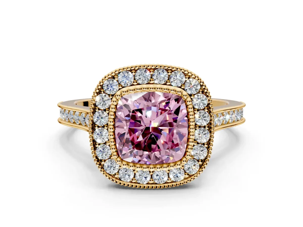 Halo Engagement Ring Setting for Fancy Pink Cushion Cut Center with Milgrain Frame, Pave Band and Prong Head in Yellow Gold