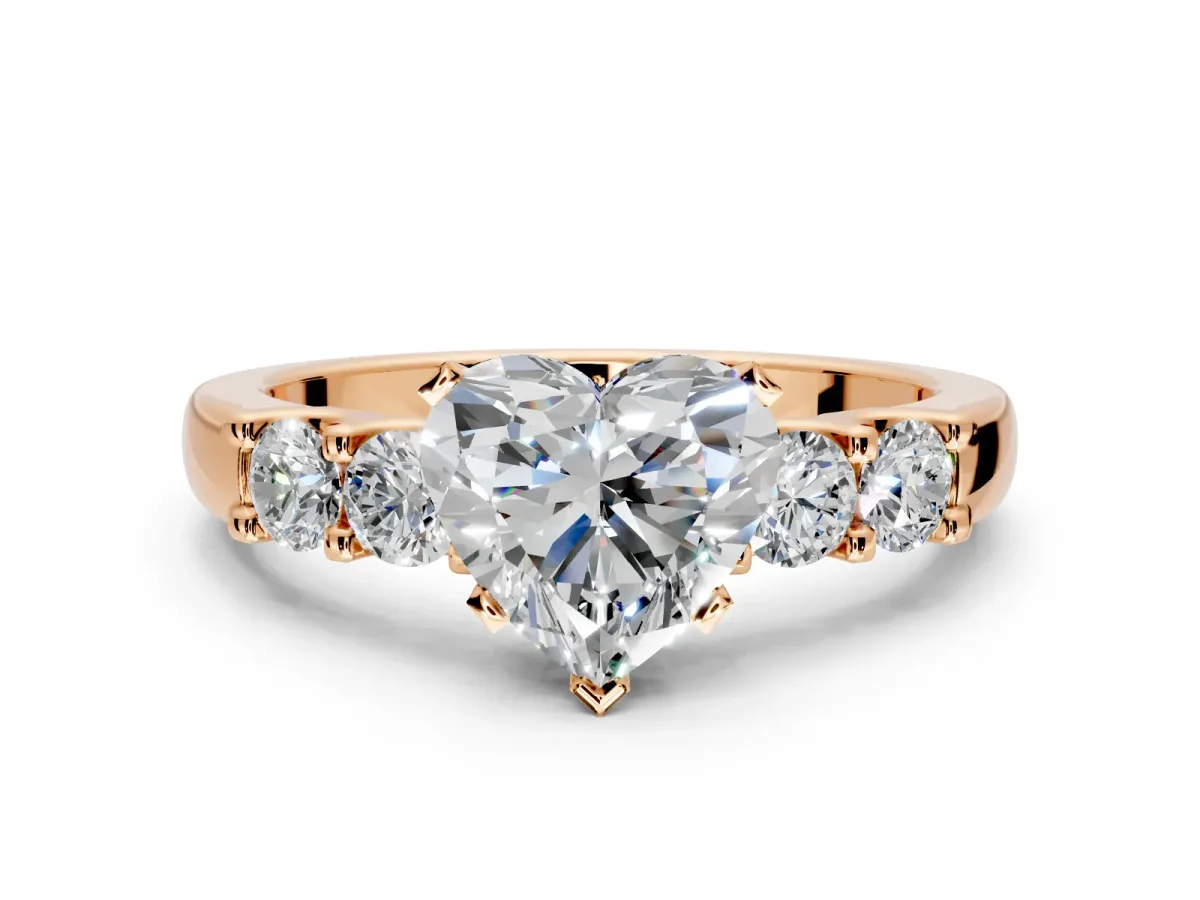 5 Stone Engagement Ring Setting for Heart-Shaped Center with Plain Band and Prong Head in Rose Gold