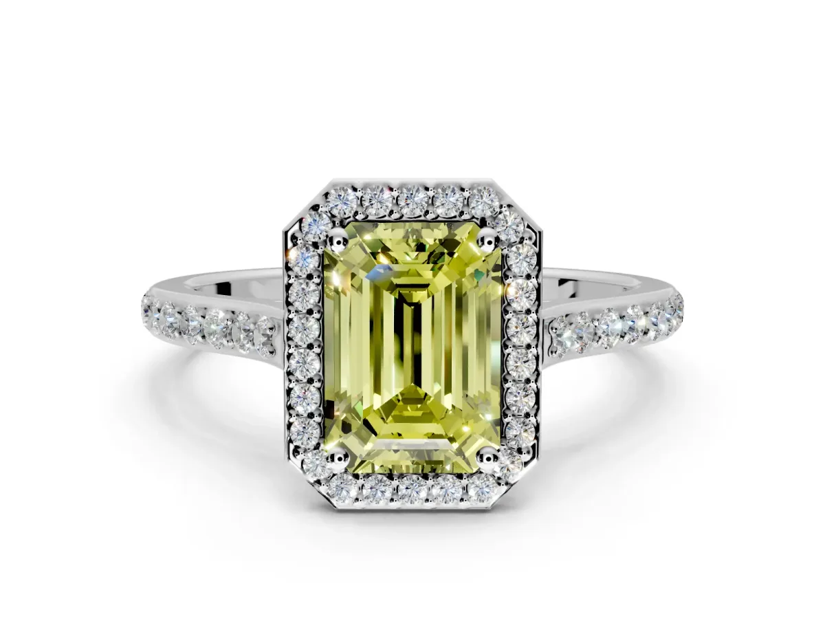 Halo Engagement Ring Setting for Fancy Yellow Emerald Cut Center with Pave Accents, Heart Basket and Prong Head in White Gold
