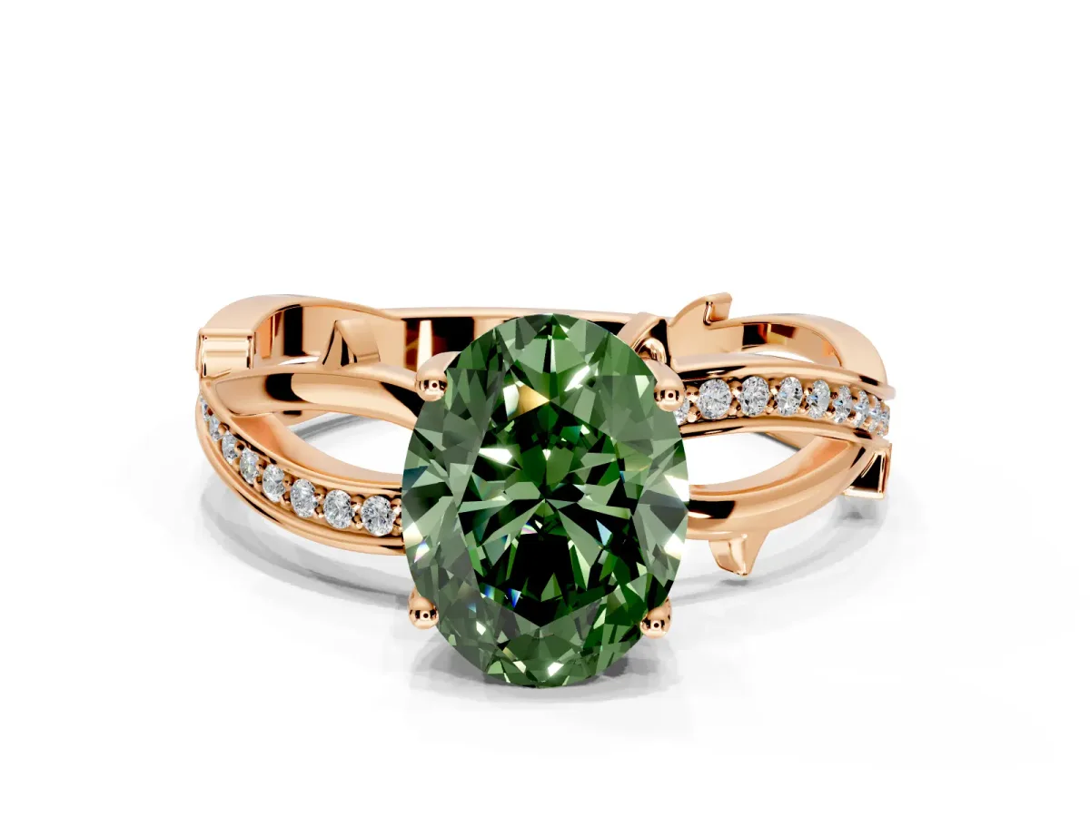 Solitaire Engagement Ring Setting for Fancy Green Oval Center with Pave and Plain Crossover Band and Prong Head in Rose Gold