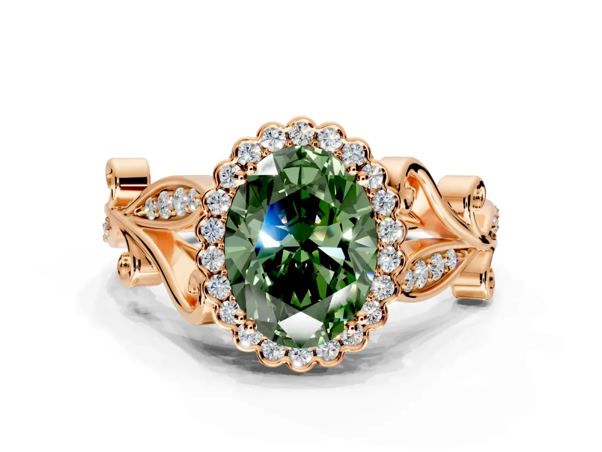 Halo Engagement Ring Setting for Fancy Green Oval Center with Leaf Motif Split Shank and Prong Head in Rose Gold