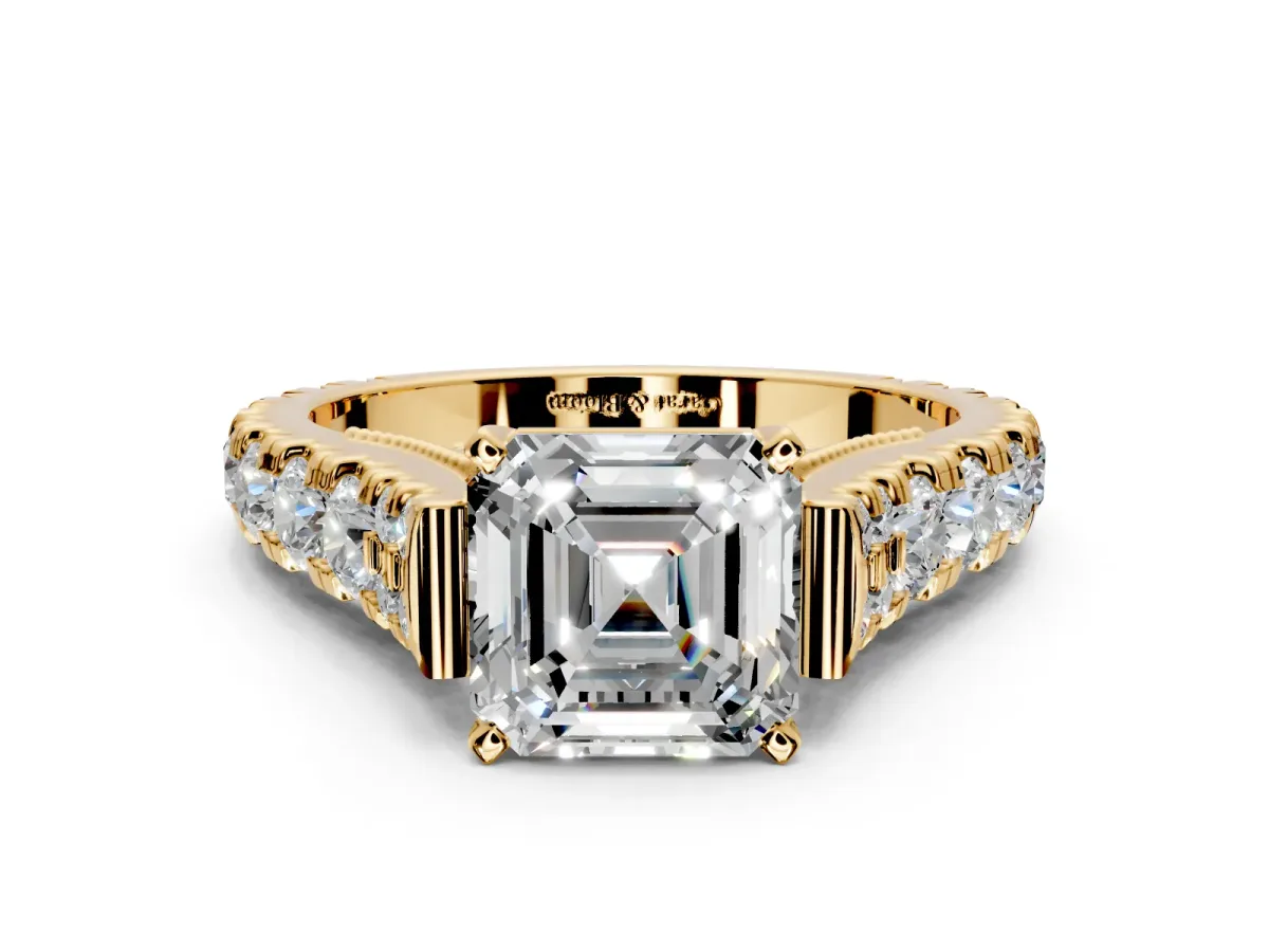 Solitaire Engagement Ring Setting for Asscher Cut Center with Pave Cathedral Shoulders and Prong Head in Yellow Gold