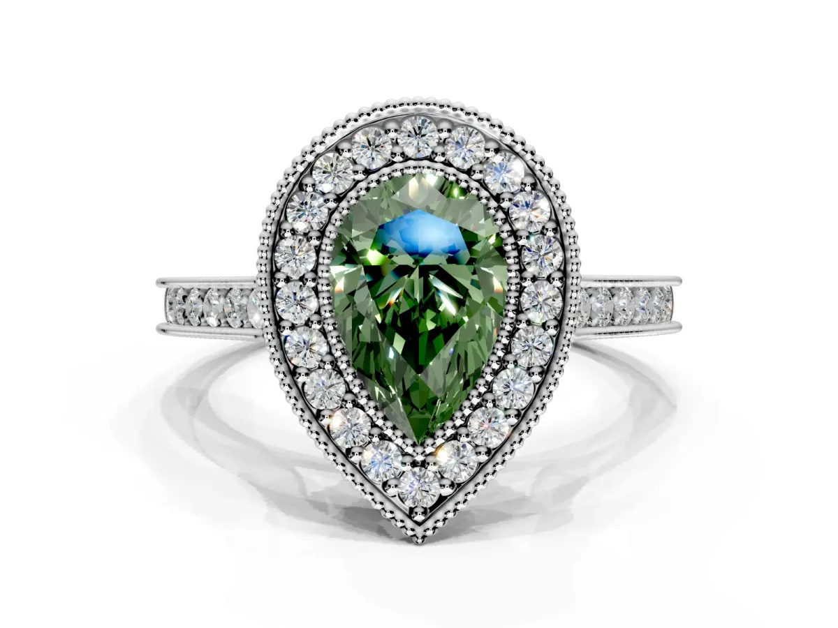 Halo Engagement Ring Setting for Fancy Green Pear-Shaped Center with Milgrain Pave Band and Bezel Head in Platinum