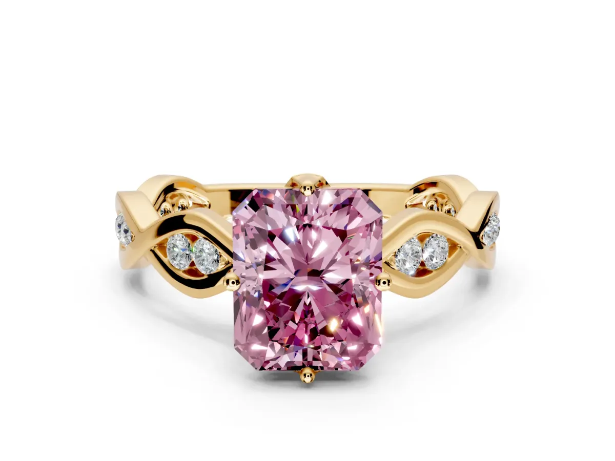 Solitaire Engagement Ring Setting for Fancy Pink Radiant Cut Center with Accented Twist Band and Leaf Prong Head in Yellow Gold