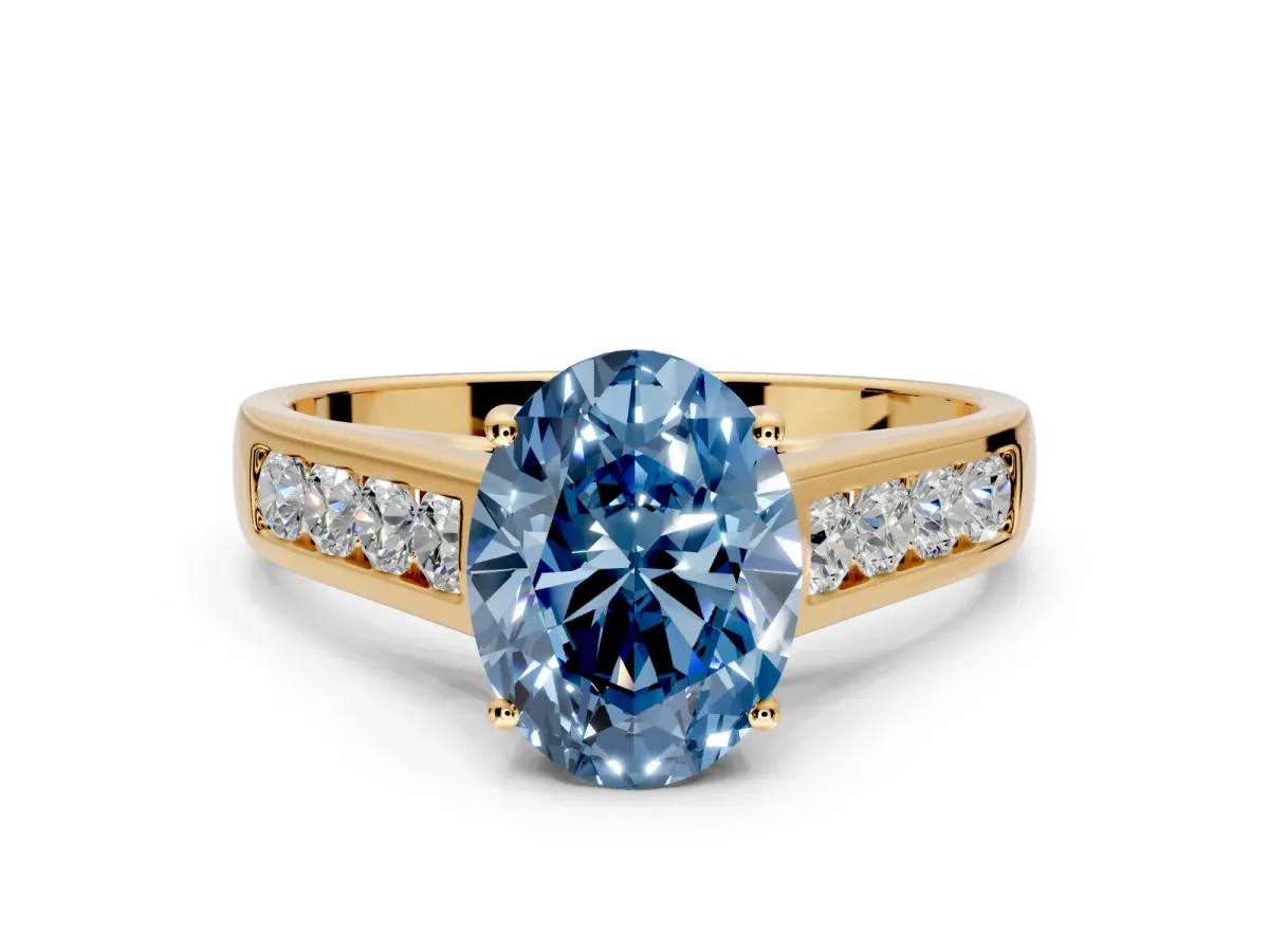 Solitaire Engagement Ring Setting for Fancy Blue Oval Center with Cathedral Channel Band and Prong Head in Yellow Gold