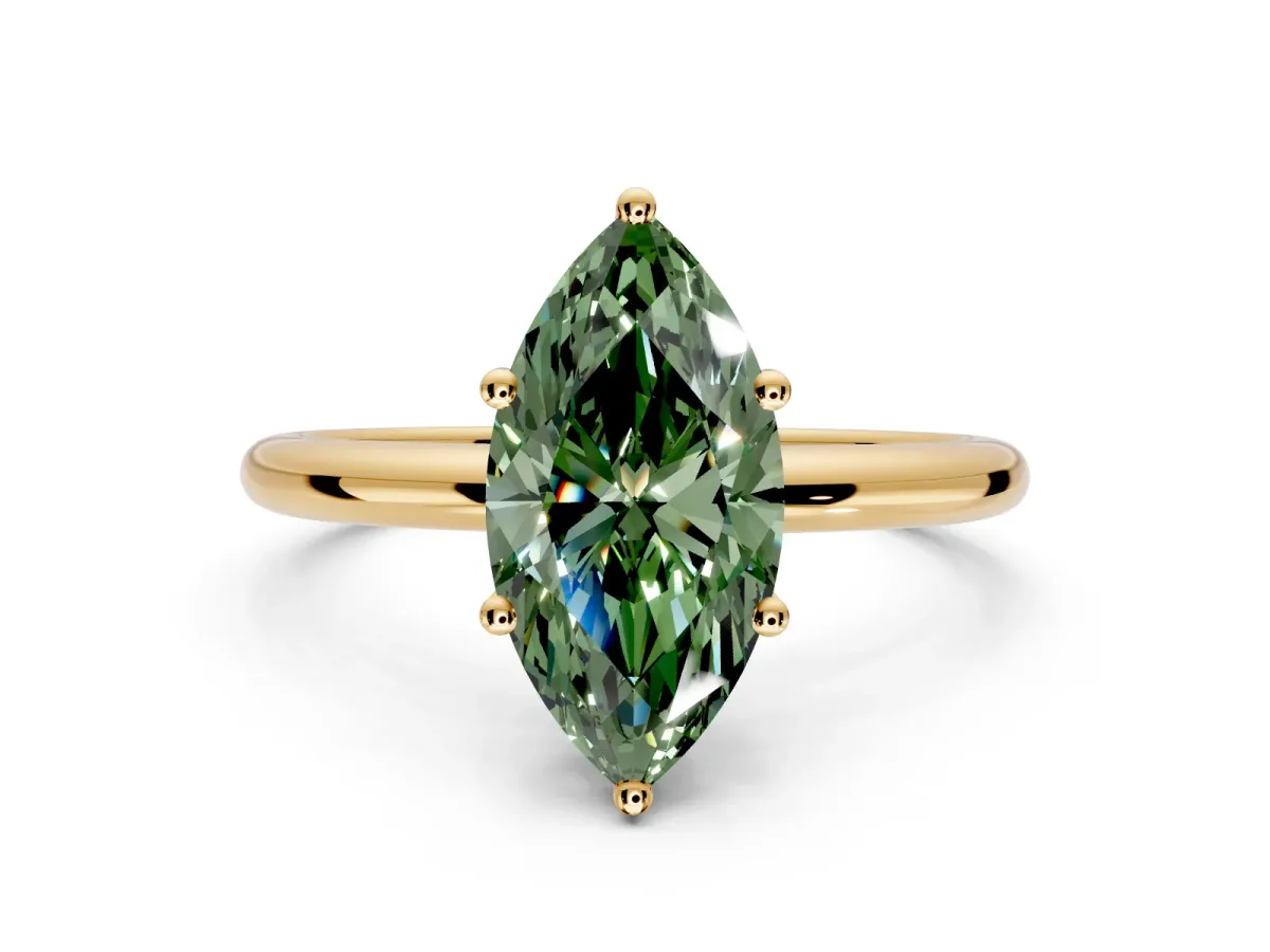 Hidden Halo Engagement Ring Setting for Fancy Green Marquise Center with Thin Round-Wire Band and Prong Head in Yellow Gold