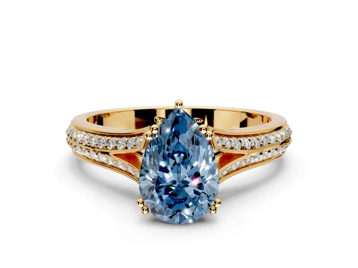 Solitaire Engagement Ring Setting for Fancy Blue Pear-Shaped Center with Pave Rail Split Shank and Prong Head in Yellow Gold