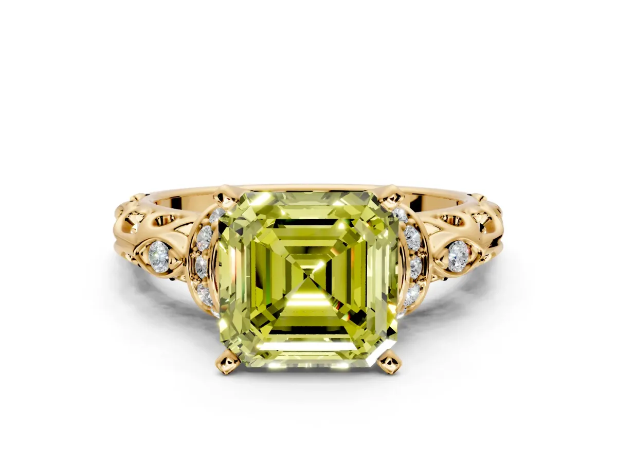 Solitaire Engagement Ring Setting for Fancy Yellow Asscher Cut Center with Filigree Band and Prong Head in Yellow Gold