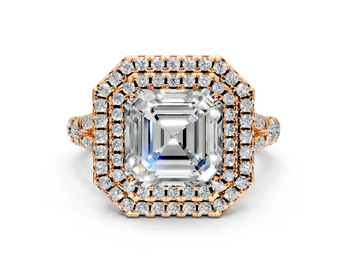 Double Halo Engagement Ring Setting for Asscher Cut Center with Narrow Pave Split Shank and Prong Head in Rose Gold