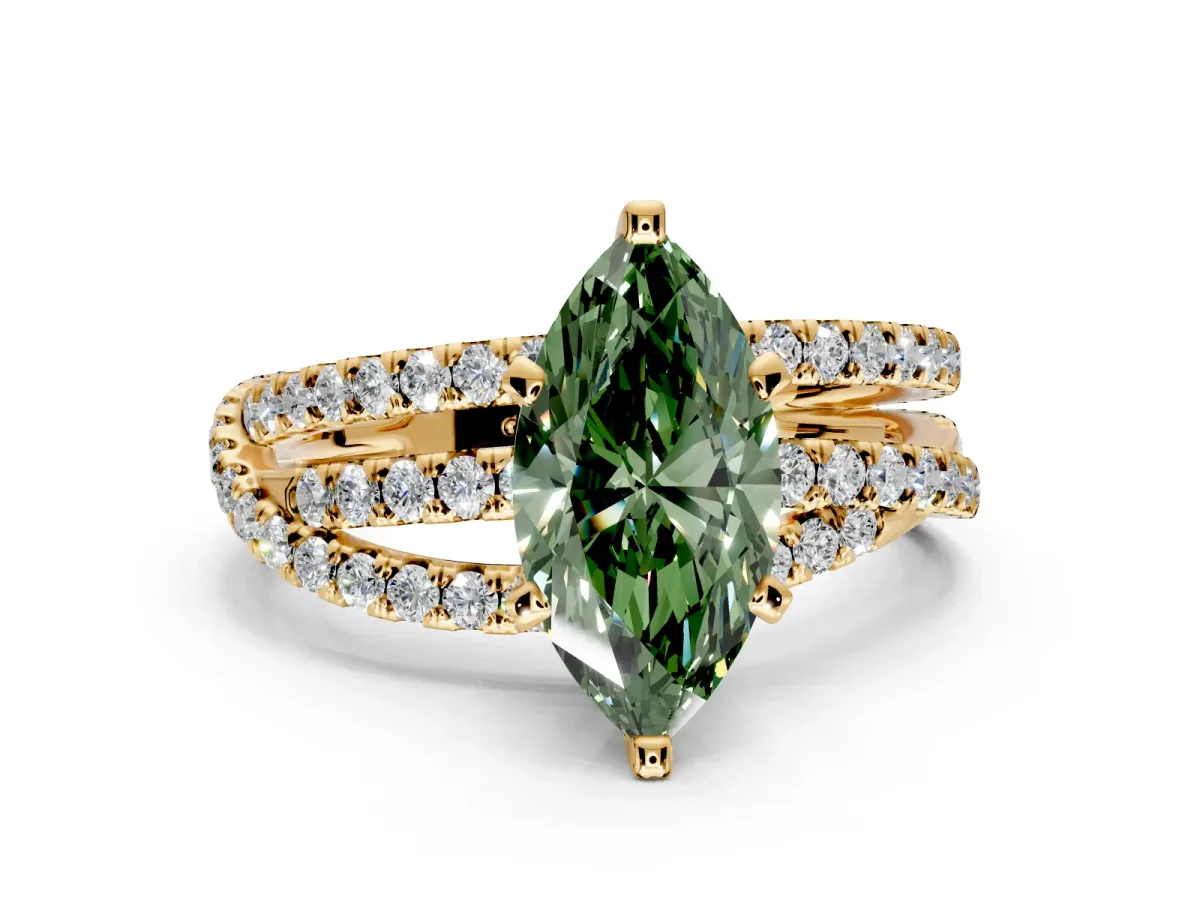 Solitaire Engagement Ring Setting for Fancy Green Marquise Center with Woven 3-Strand Pave Band and Prong Head in Yellow Gold