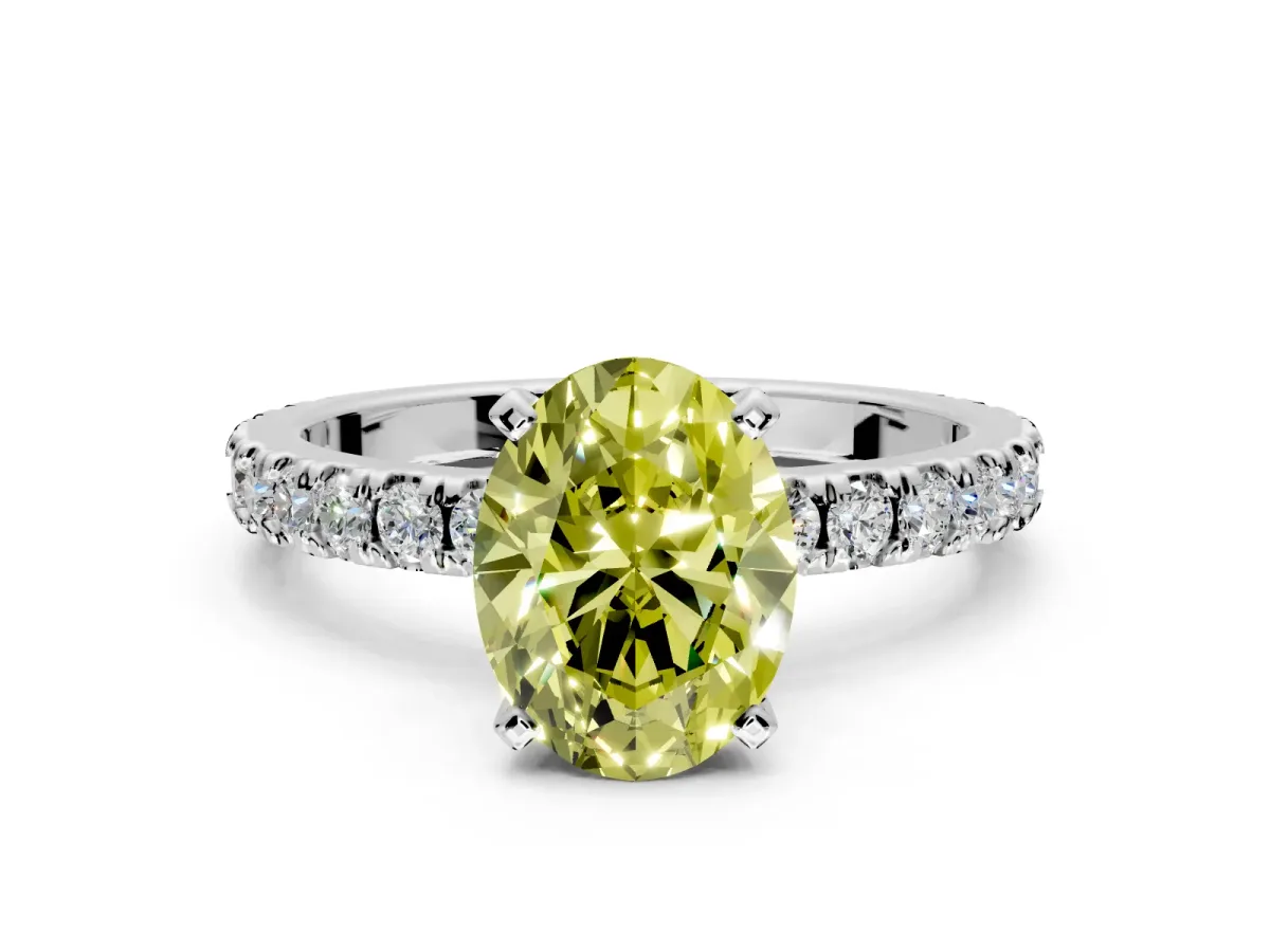 Solitaire Engagement Ring Setting for Fancy Yellow Oval Center with Fine Pave Band and Claw Prong Head in Sterling Silver