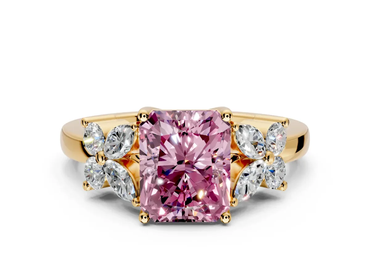 Floral Engagement Ring Setting for Fancy Pink Radiant Cut Center with Marquise Cluster Shoulders and Prong Head in Yellow Gold