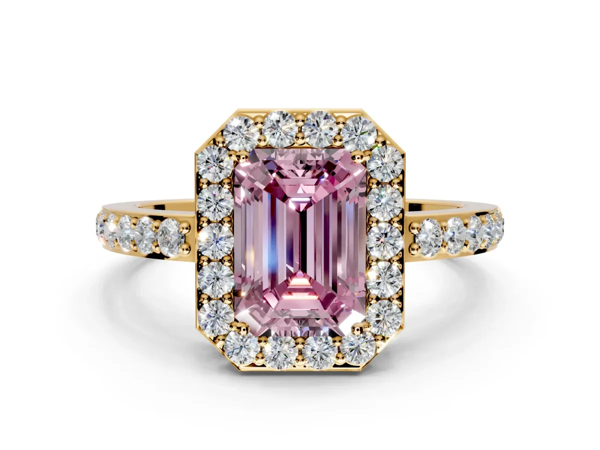 Halo Engagement Ring Setting for Fancy Pink Emerald Cut Center with Heart-Shaped Openwork, Pave Band and Prong Head in Yellow Gold