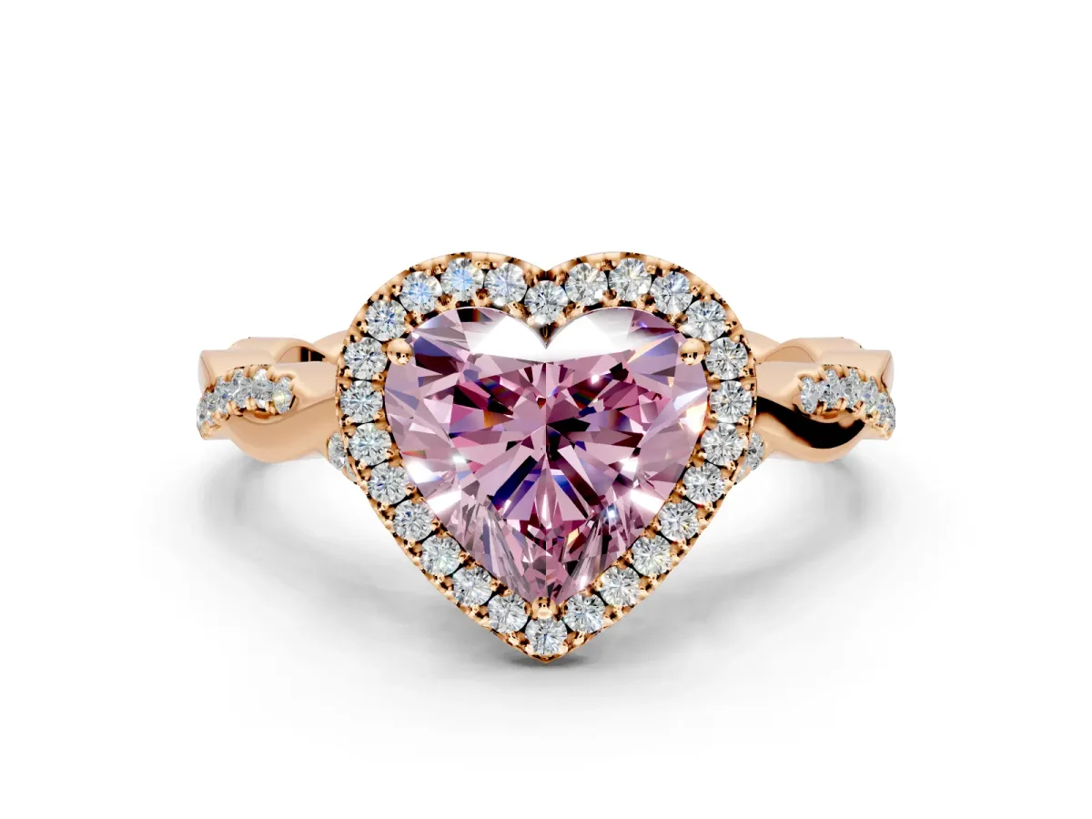 Halo Engagement Ring Setting for Fancy Pink Heart-Shaped Center with Twist Band and Prong Head in Rose Gold