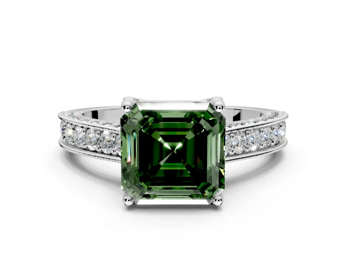 Solitaire Engagement Ring Setting for Fancy Green Asscher Cut Center with Milgrain-Framed Pave Band and Prong Head in Sterling Silver