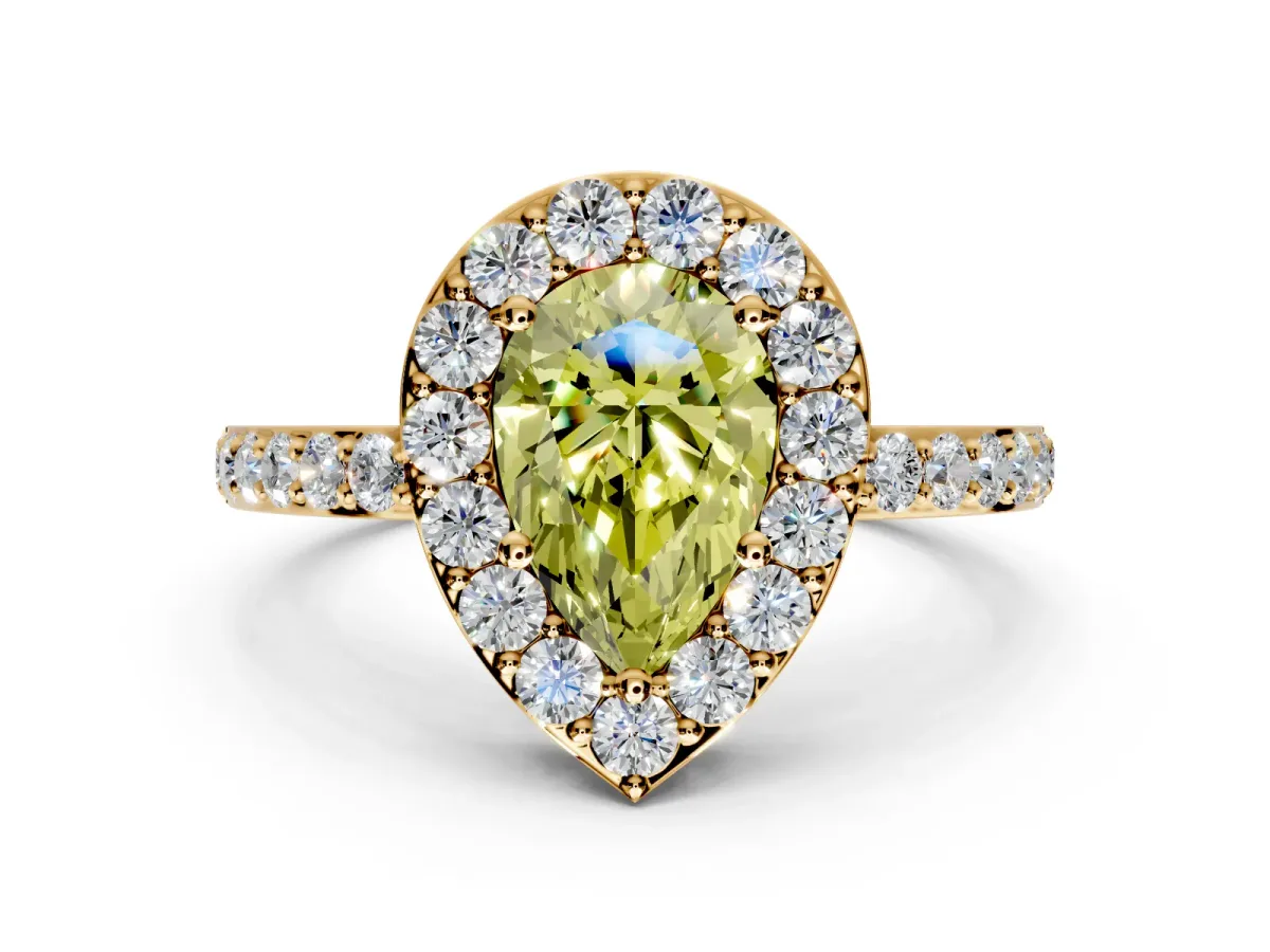 Halo Engagement Ring Setting for Fancy Yellow Pear-Shaped Center with Heart-Shaped Openwork, Pave Band and Prong Head in Yellow Gold