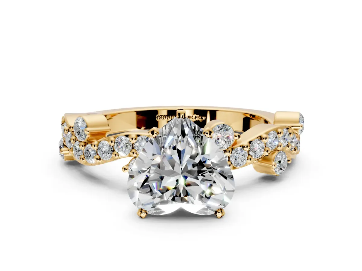 Solitaire Engagement Ring Setting for Heart-Shaped Center with Bar-Station Pave Twist and Prong Head in Yellow Gold
