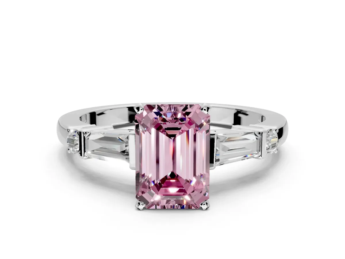 Bar-Set Engagement Ring Setting for Fancy Pink Emerald Cut Center with Tapered Baguette Accents and Prong Head in White Gold