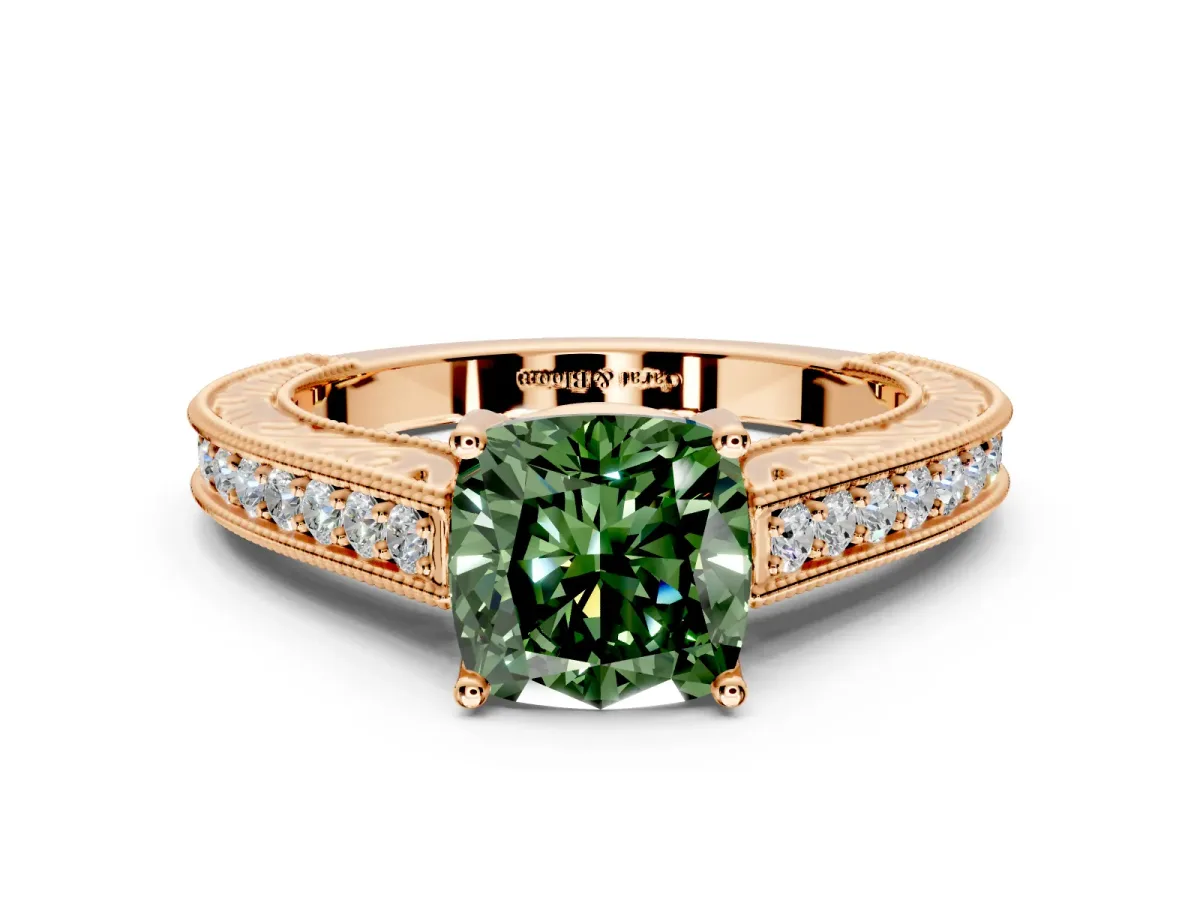 Solitaire Engagement Ring Setting for Fancy Green Cushion Cut Center with Engraved Pave Band and Prong Head in Rose Gold