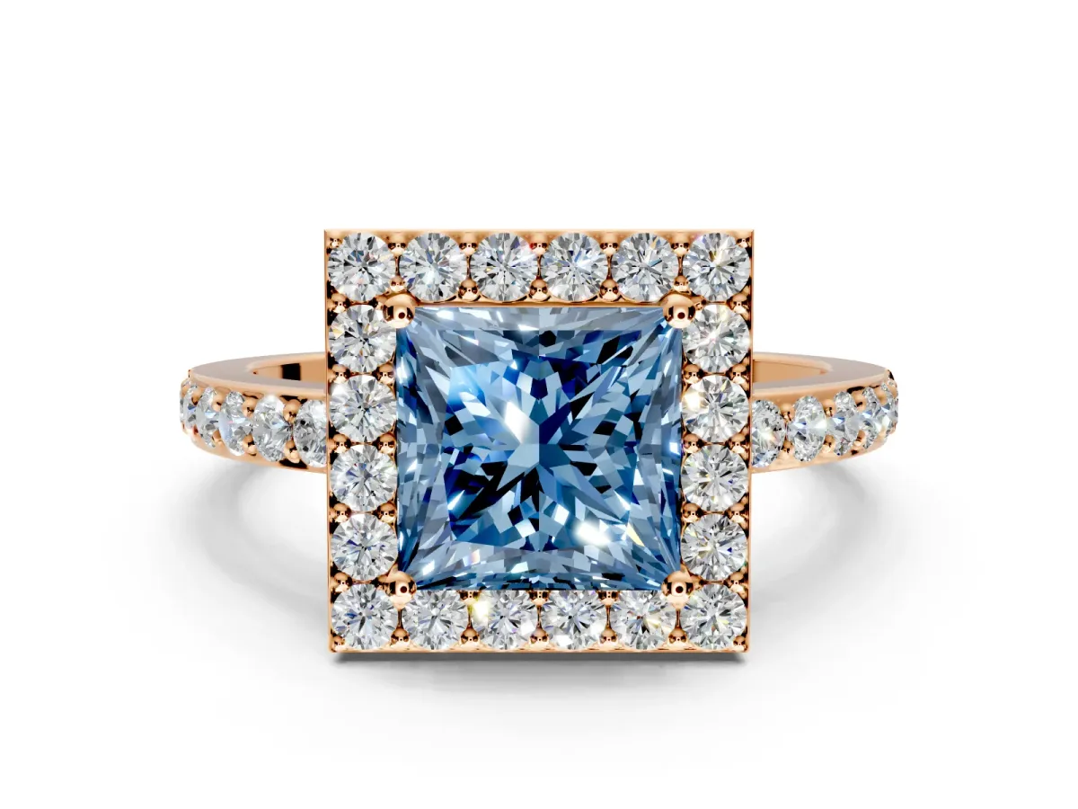 Halo Engagement Ring Setting for Fancy Blue Princess Cut Center with Heart-Shaped Openwork, Pave Band and Prong Head in Rose Gold