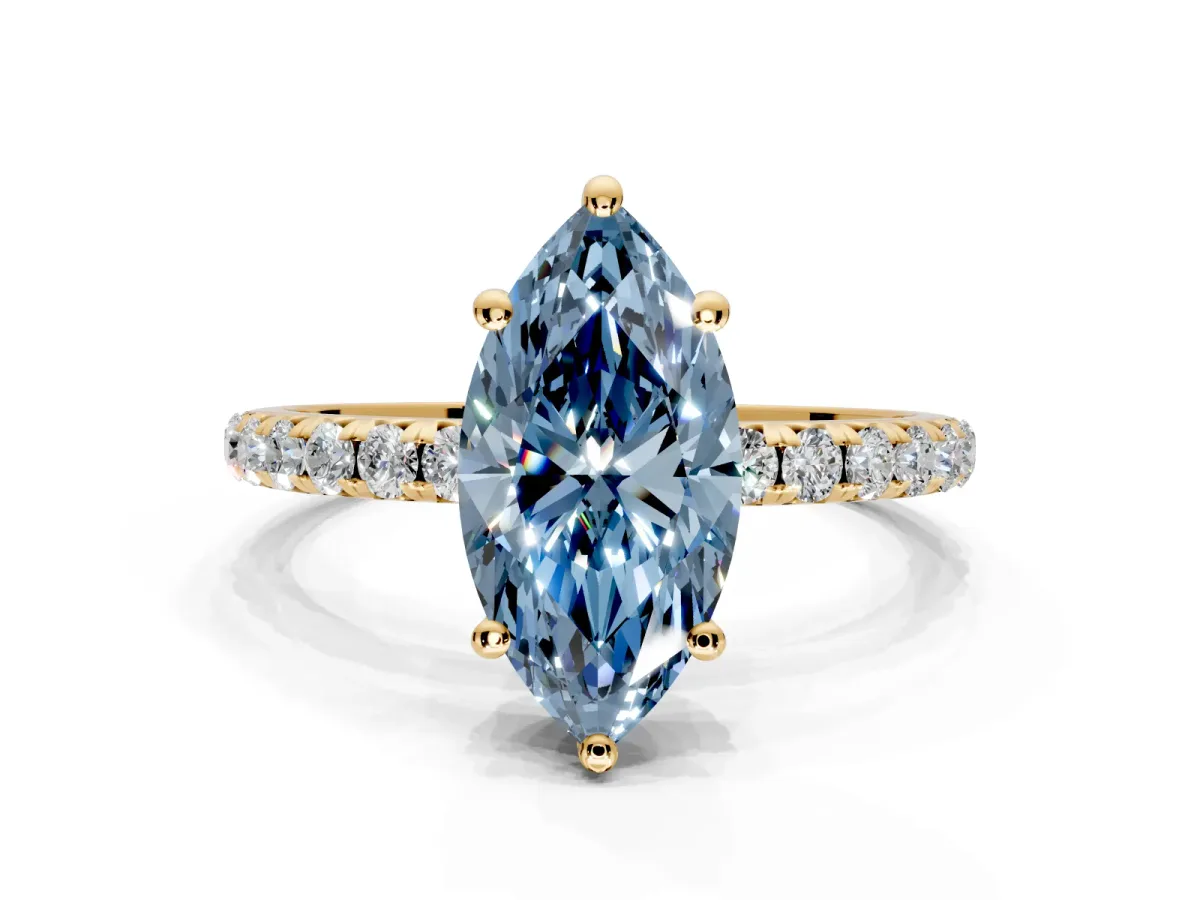 Solitaire Engagement Ring Setting for Fancy Blue Marquise Center with Micro Pave Band and Prong Head in Yellow Gold