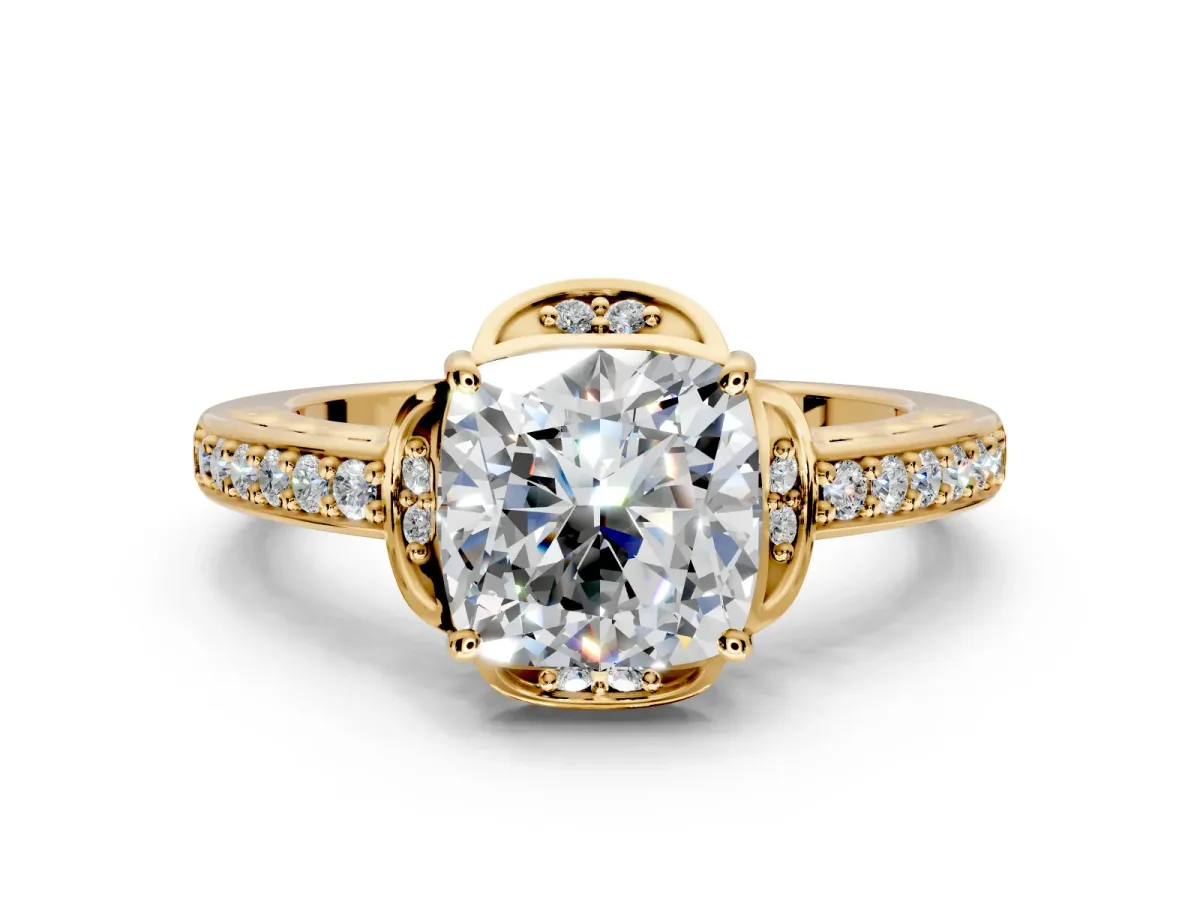 Floral Engagement Ring Setting for Cushion Cut Center with Four Accent Clusters and Prong Head in Yellow Gold