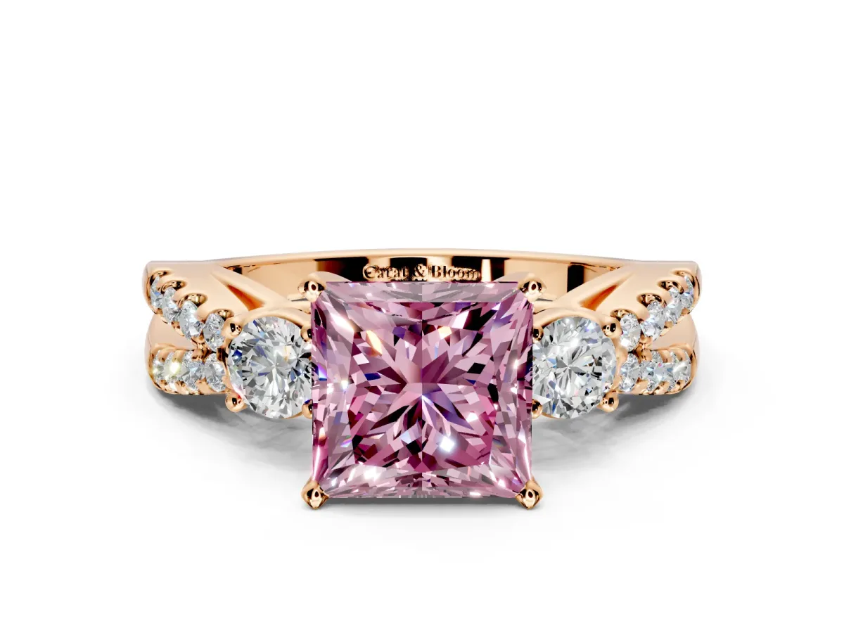 3 Stone Engagement Ring Setting for Fancy Pink Princess Cut Center with Pave Split Shank and Prong Head in Rose Gold