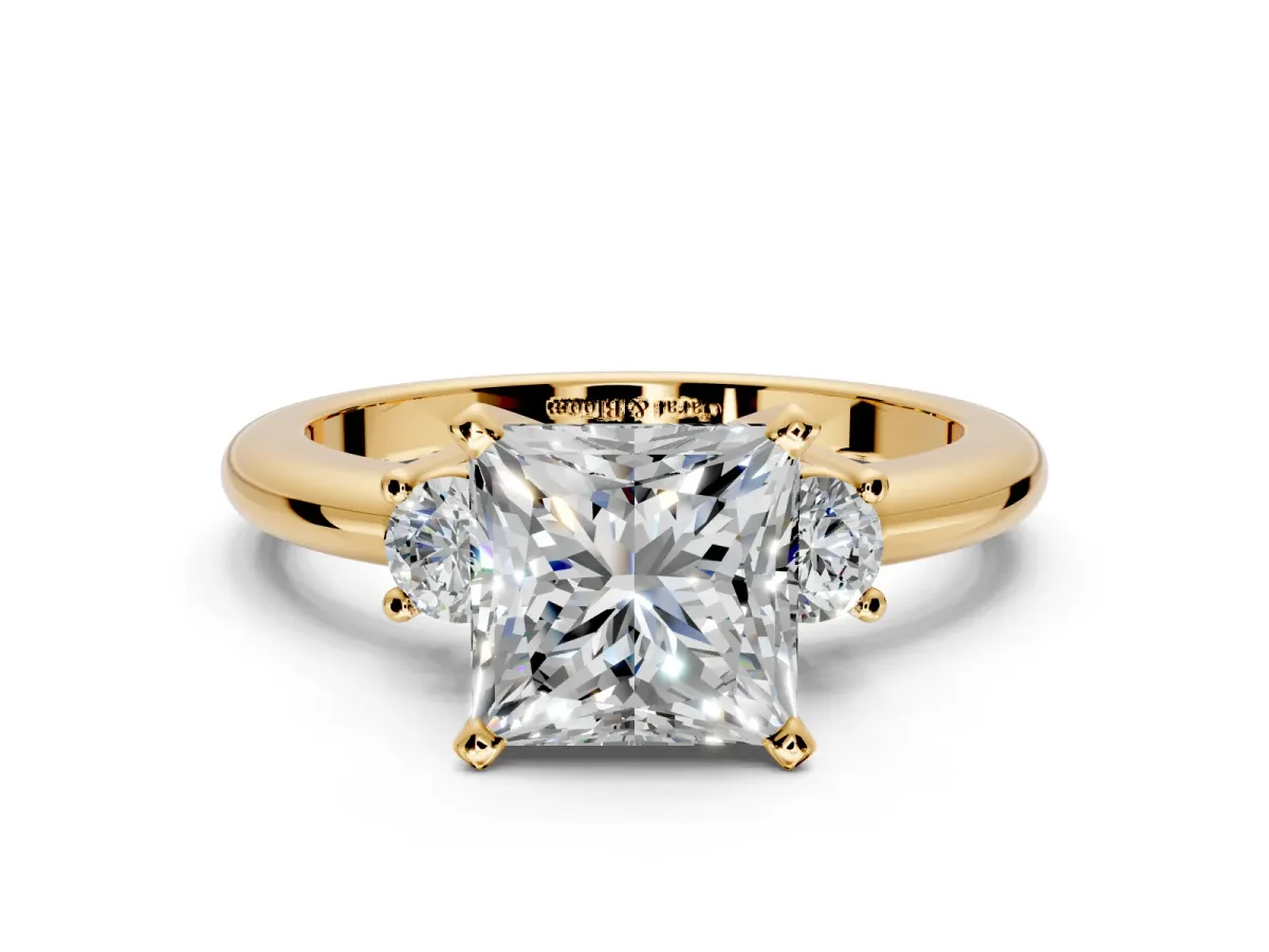 3 Stone Engagement Ring Setting for Princess Cut Center with Wide Plain Band and Prong Head in Yellow Gold