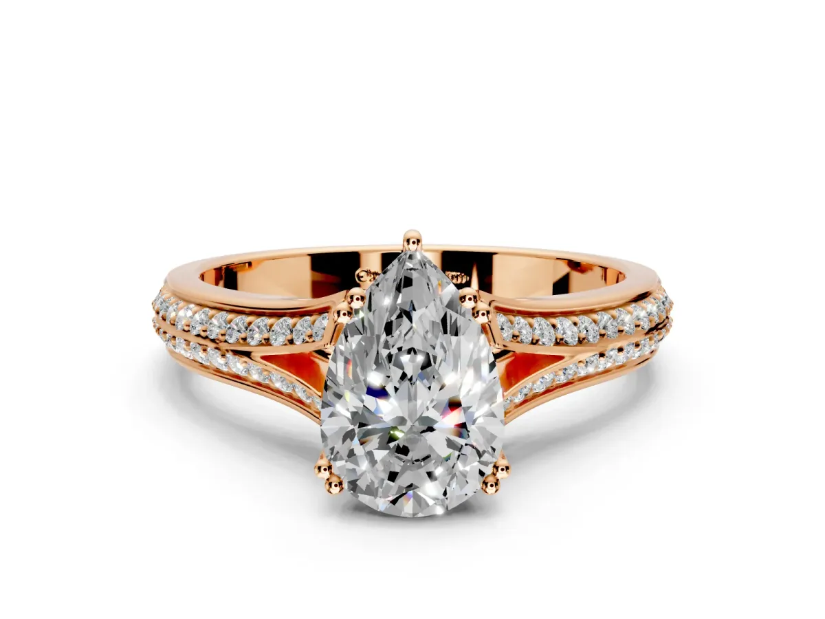 Solitaire Engagement Ring Setting for Pear-Shaped Center with Pave Rail Split Shank and Prong Head in Rose Gold