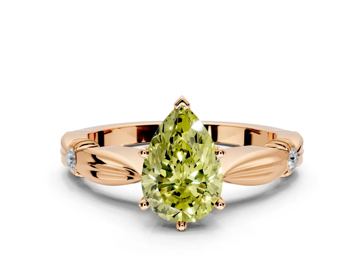 Solitaire Engagement Ring Setting for Fancy Yellow Pear-Shaped Center with Carved Leaf Shoulders and Prong Head in Rose Gold
