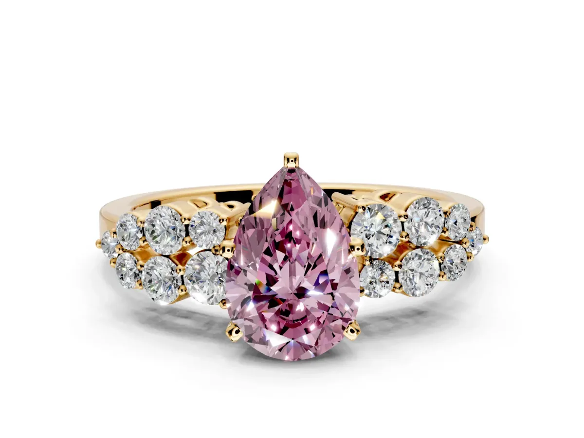 Cluster Engagement Ring Setting for Fancy Pink Pear-Shaped Center with 2-Row Shoulder Clusters and Prong Head in Yellow Gold