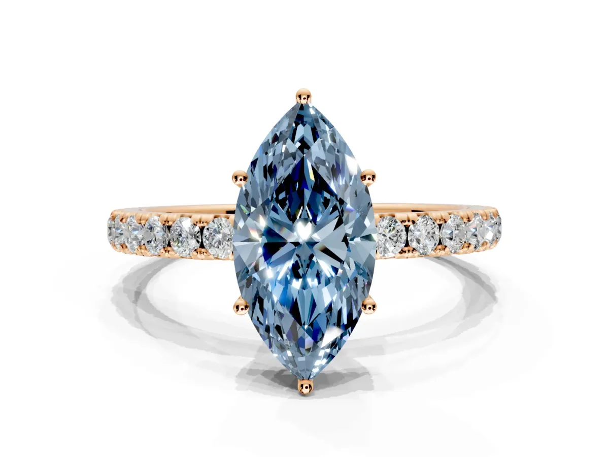 Solitaire Engagement Ring Setting for Fancy Blue Marquise Center with Large Accent Band and Prong Head in Rose Gold