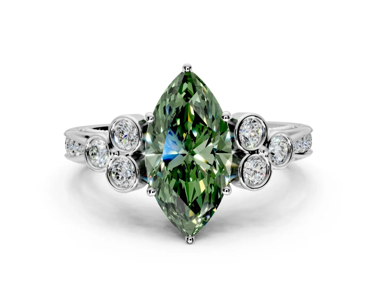 Cluster Engagement Ring Setting for Fancy Green Marquise Center with Bezel Accent Clusters and Prong Head in Platinum
