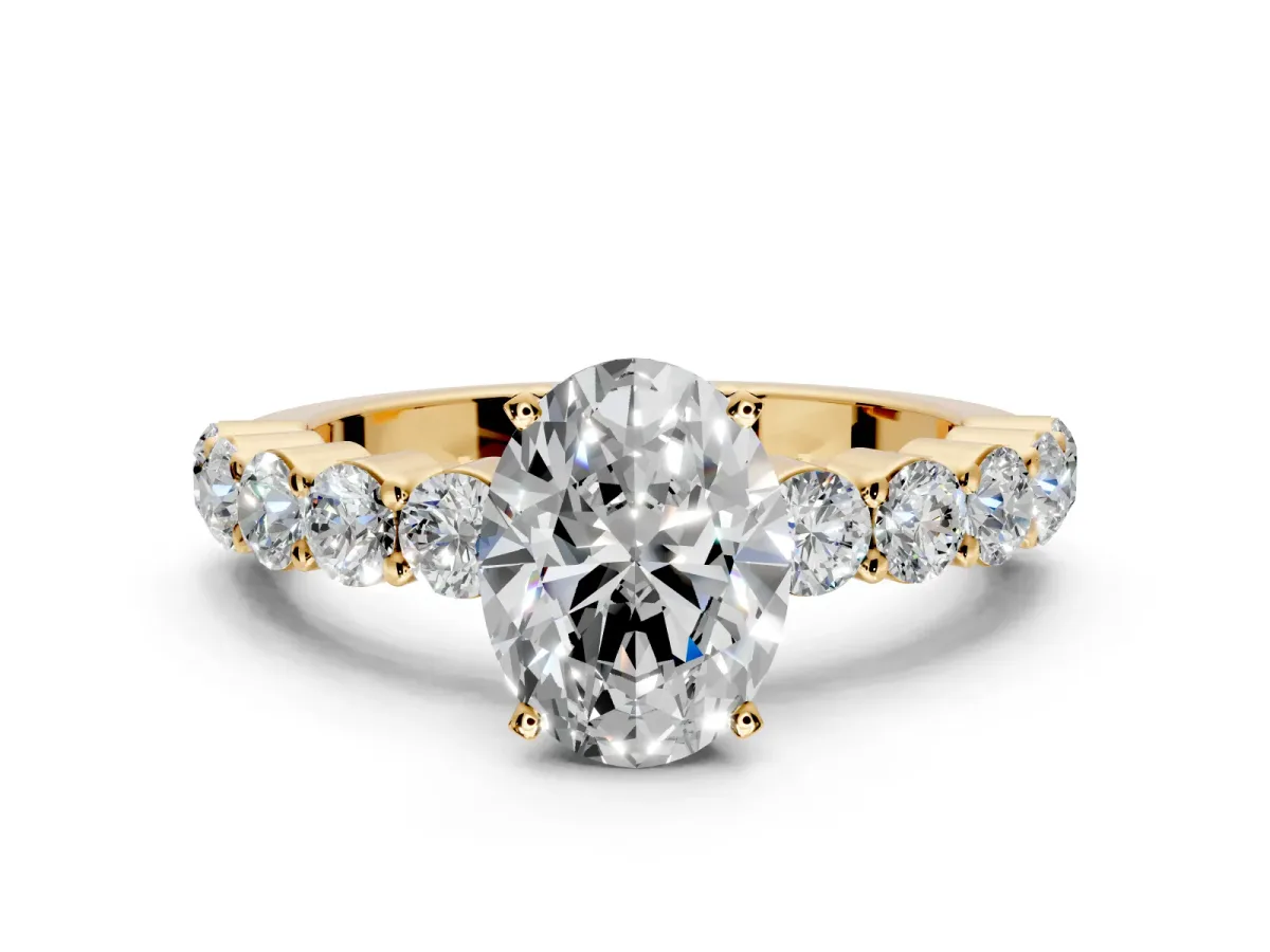 Shared-Prong Engagement Ring Setting for Oval Center with Graduated Accents and Prong Head in Yellow Gold