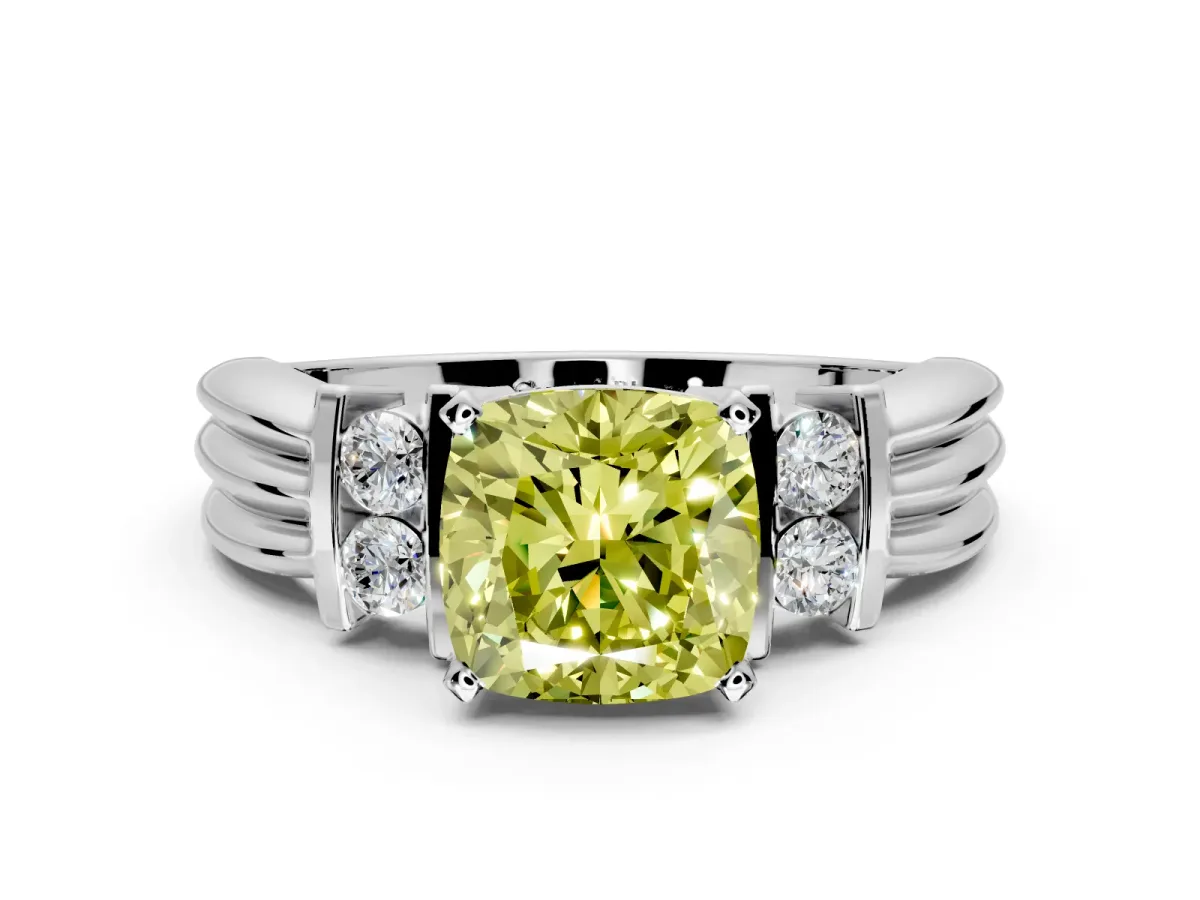Solitaire Engagement Ring Setting for Fancy Yellow Cushion Cut Center with Grooved Bar Accent Band and Prong Head in White Gold