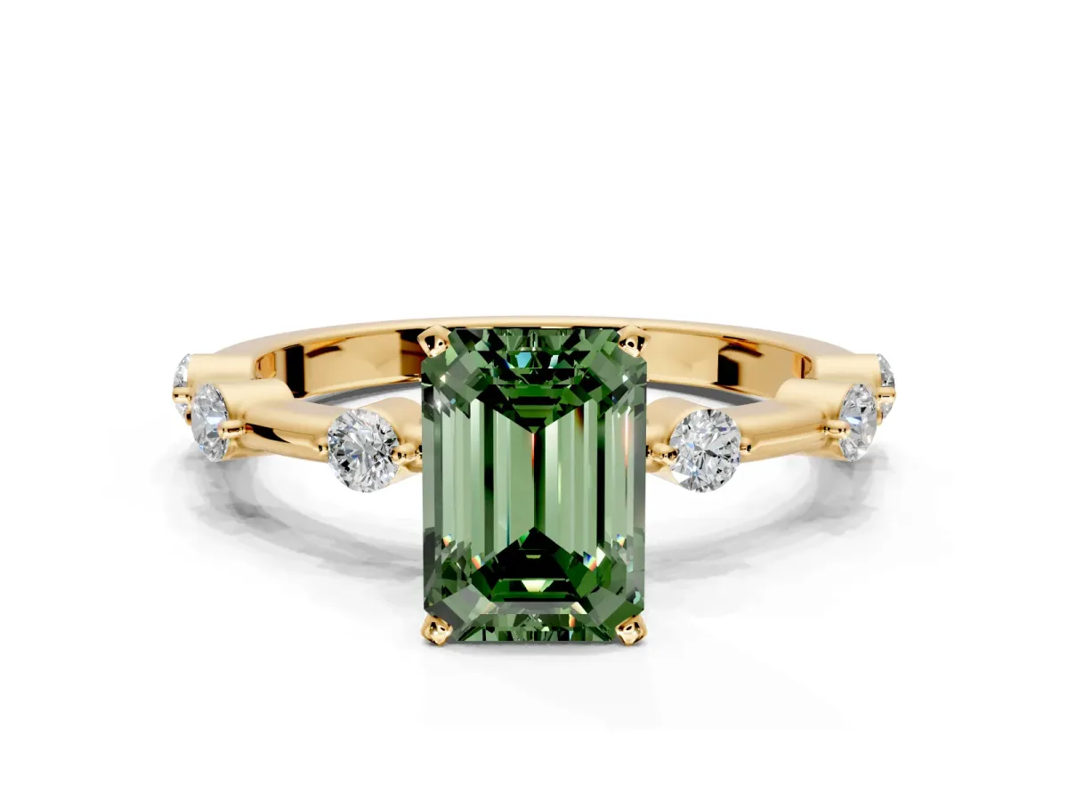 Solitaire Engagement Ring Setting for Fancy Green Emerald Cut Center with Bezel Station Band and Prong Head in Yellow Gold
