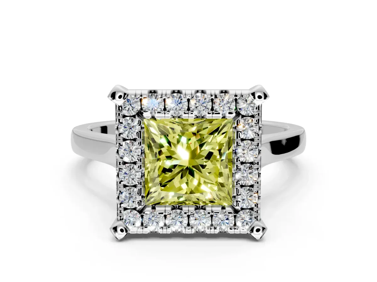 Single Halo Engagement Ring Setting for Fancy Yellow Princess Cut Center with Corner Claws, Plain Band and Prong Head in White Gold