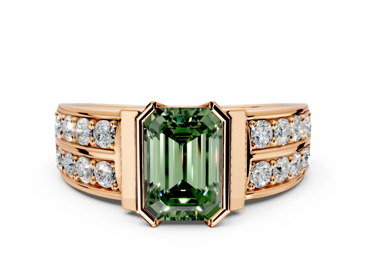 Bezel Engagement Ring Setting for Fancy Green Emerald Cut Center with Wide Channel-Set Band and Bezel Head in Rose Gold
