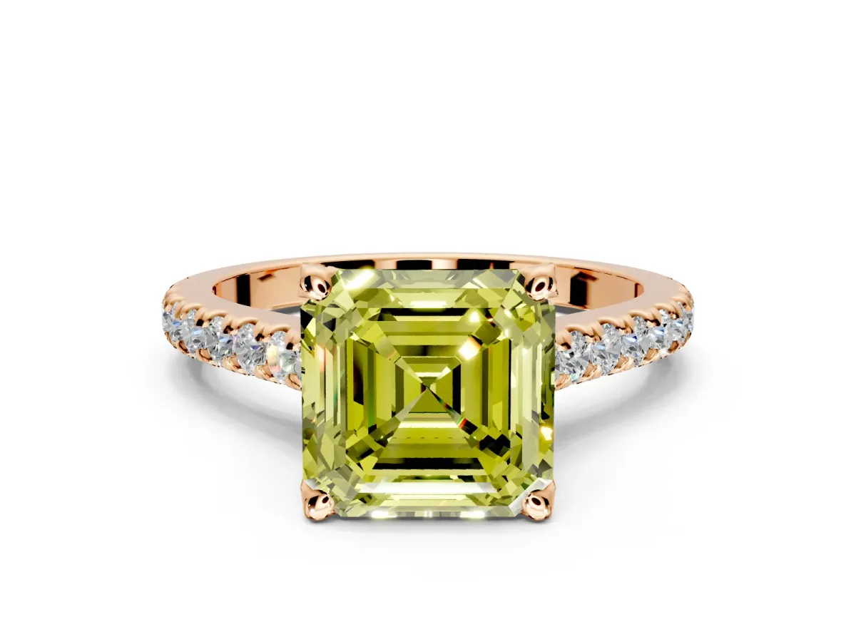 Solitaire Engagement Ring Setting for Fancy Yellow Asscher Cut Center with Widening Pave Band and Claw Prong Head in Rose Gold