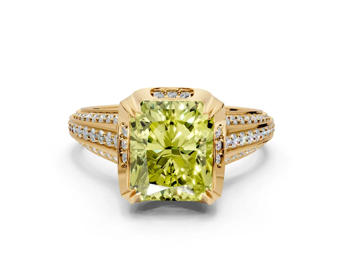 Solitaire Engagement Ring Setting for Fancy Yellow Radiant Cut Center with Accented Split Shank and Prong Head in Yellow Gold