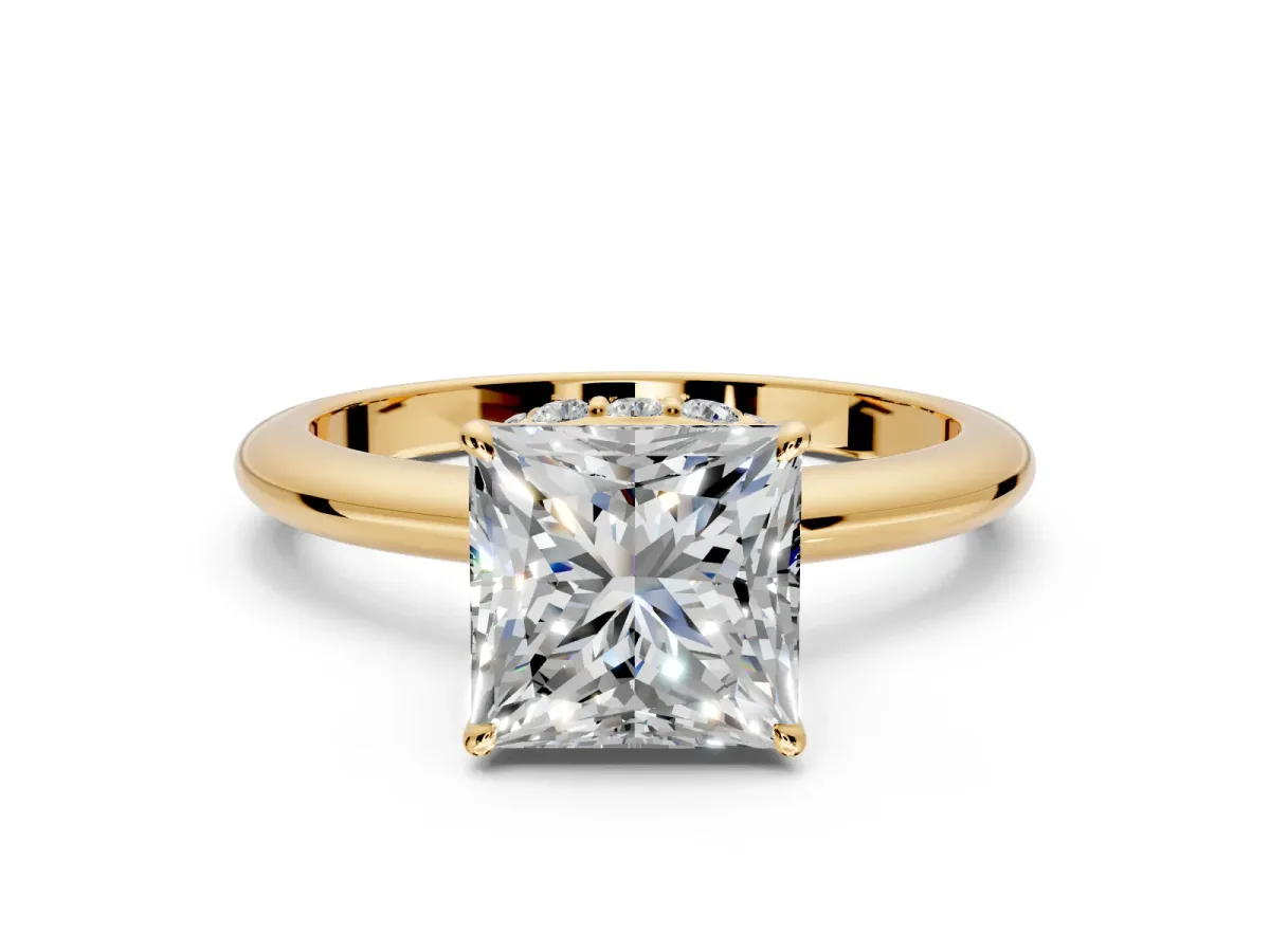 Hidden Halo Engagement Ring Setting for Princess Cut Center with Plain Rounded Band and Prong Head in Yellow Gold