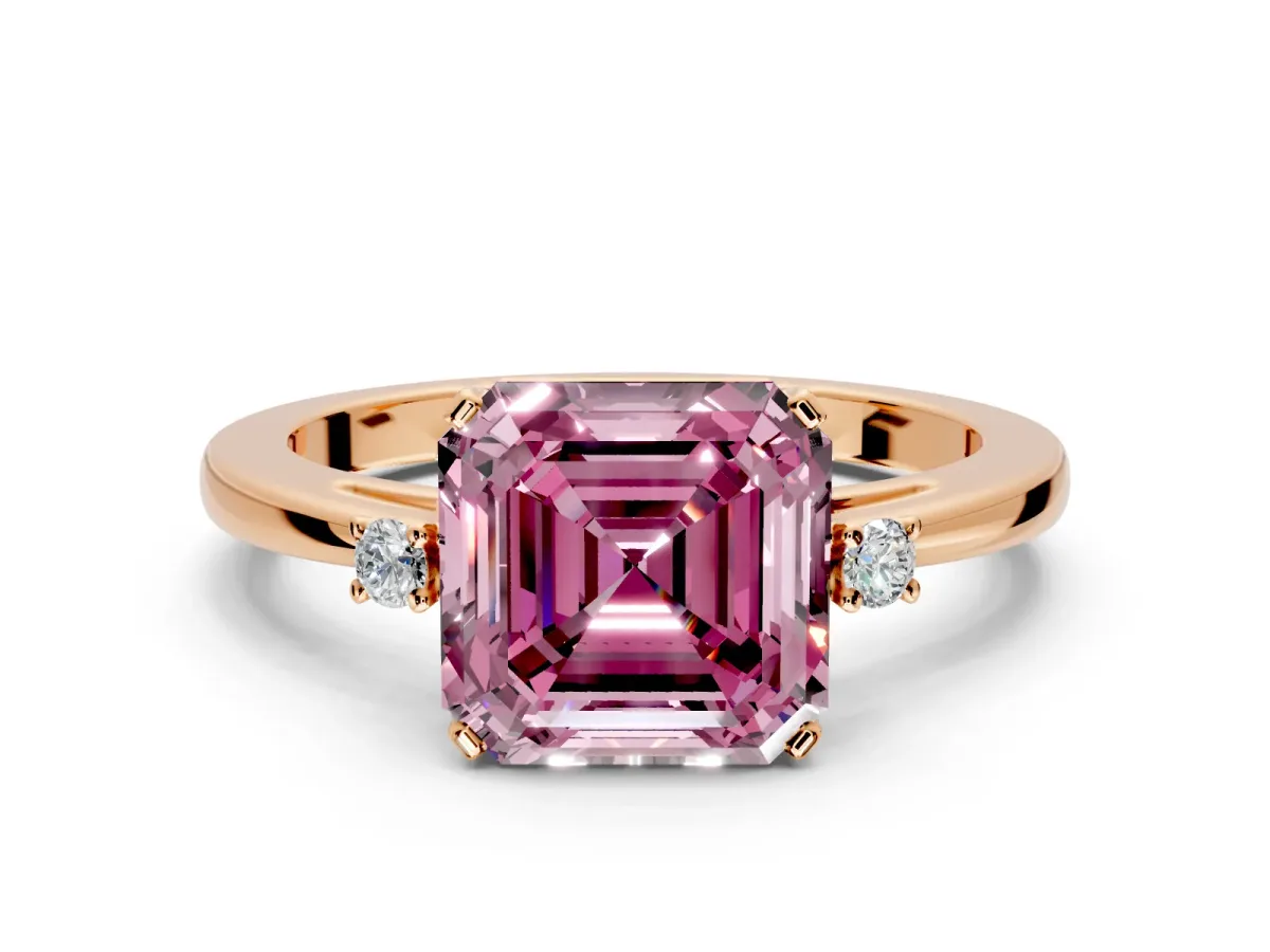 3 Stone Engagement Ring Setting for Fancy Pink Asscher Cut Center with Low-Set Round Cut Accents and Prong Head in Rose Gold