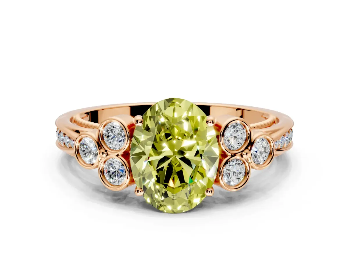 Cluster Engagement Ring Setting for Fancy Yellow Oval Center with Bezel Accent Clusters and Prong Head in Rose Gold