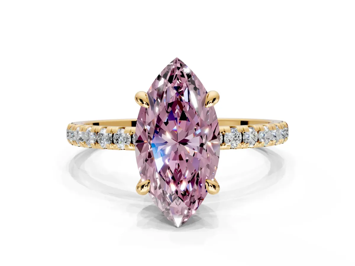 Solitaire Engagement Ring Setting for Fancy Pink Marquise Center with Fine Pave Narrow Band and Prong Head in Yellow Gold
